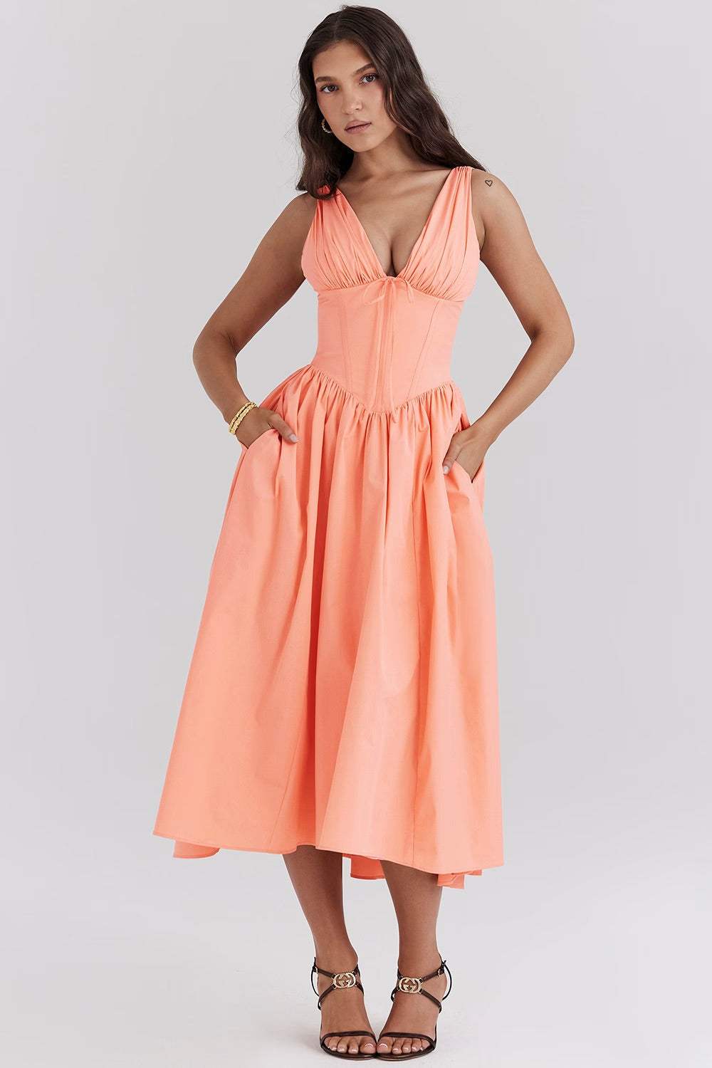 Saffron | Wedding Guest A-Line Midi Dress with V-Neck for Women