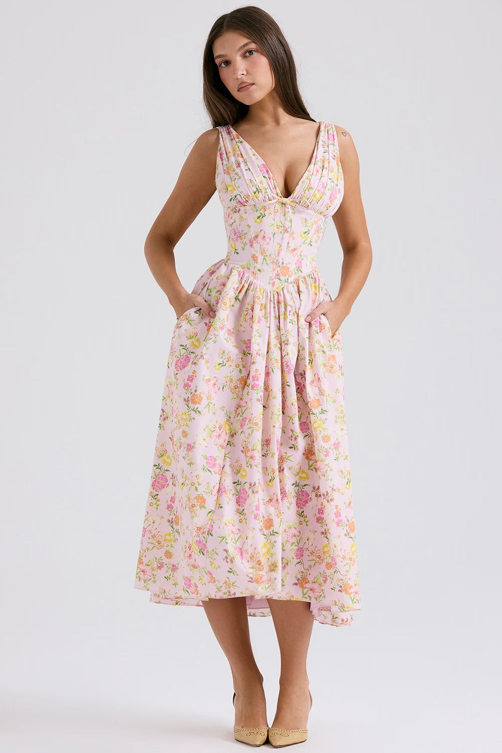 Saffron | Wedding Guest A-Line Midi Dress with V-Neck for Women