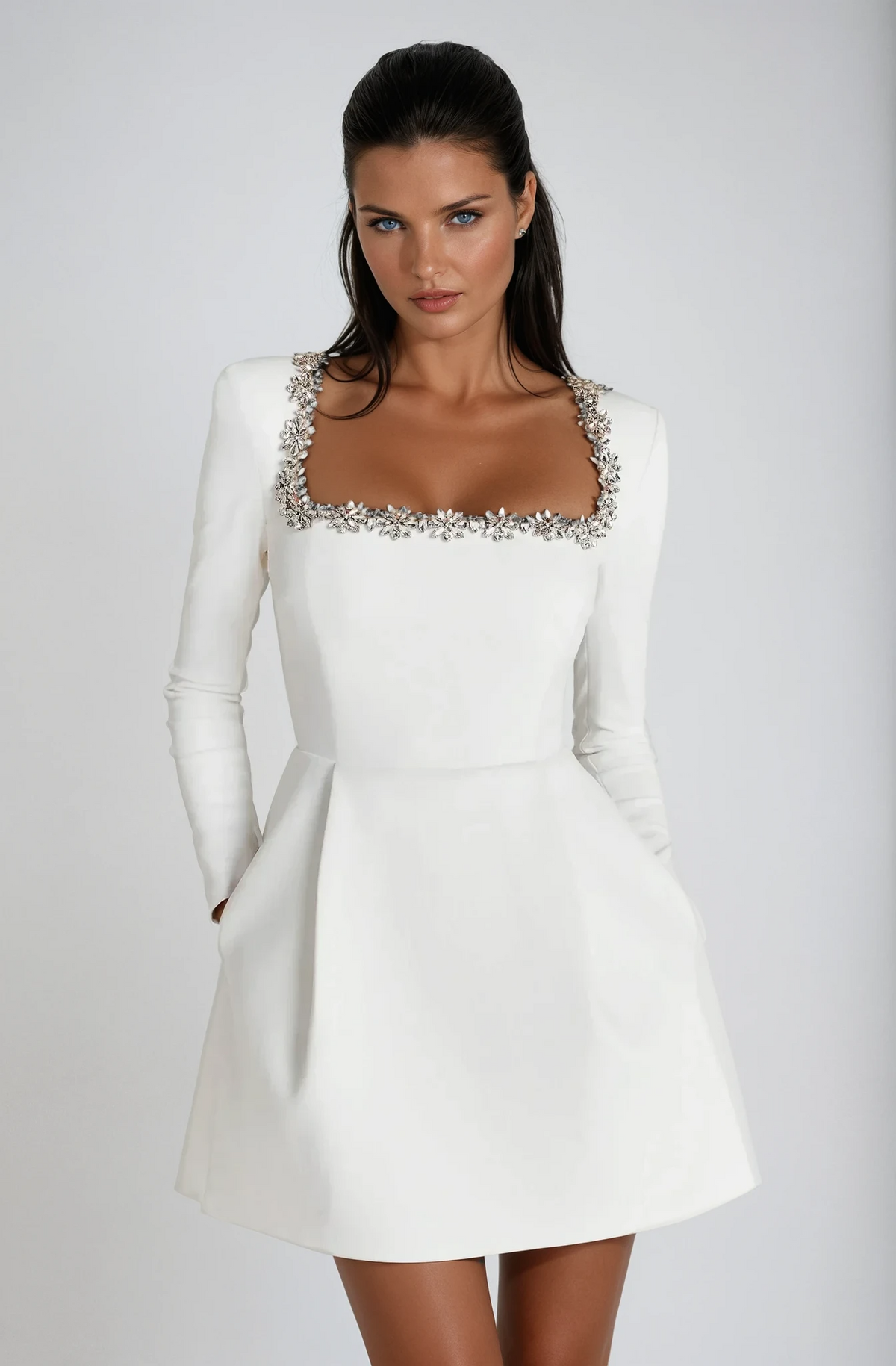 Theodora | Wedding Guest Dress with Square Neck and Long Sleeves for Women