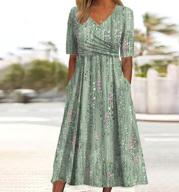 April | V-Neck Floral Midi Dress with Short Sleeves for Women