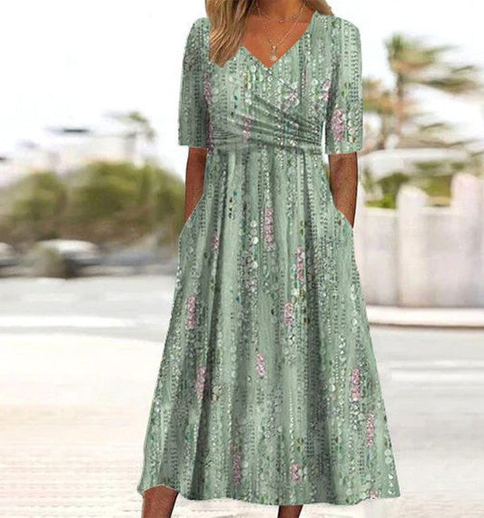 April | V-Neck Floral Midi Dress with Short Sleeves for Women