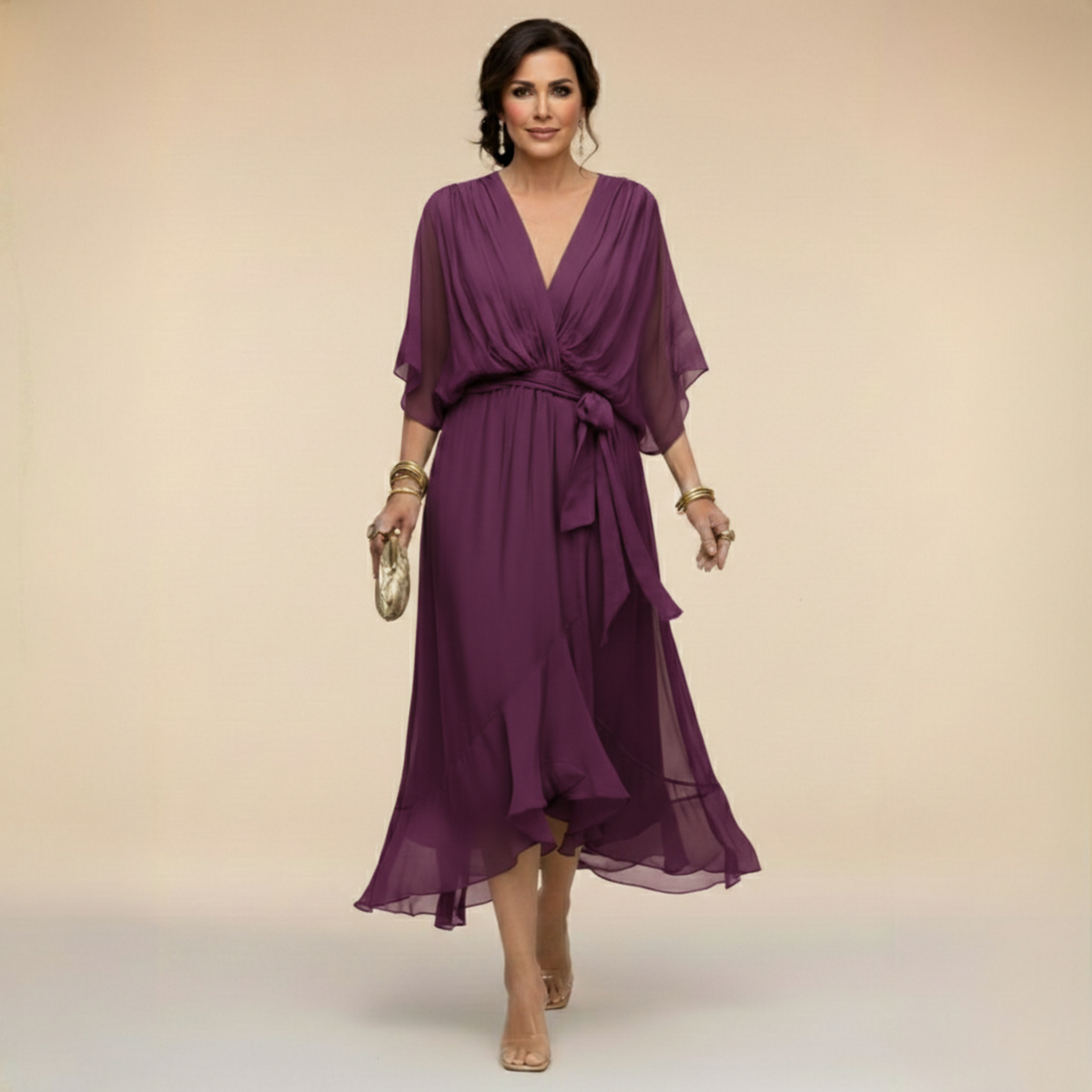 Wrap Midi Dress with V-Neck for Women