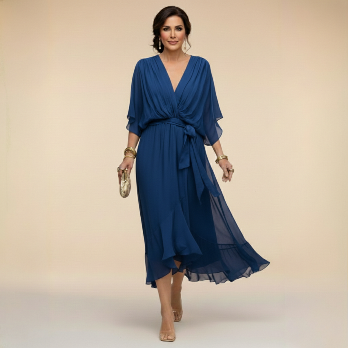 Wrap Midi Dress with V-Neck for Women