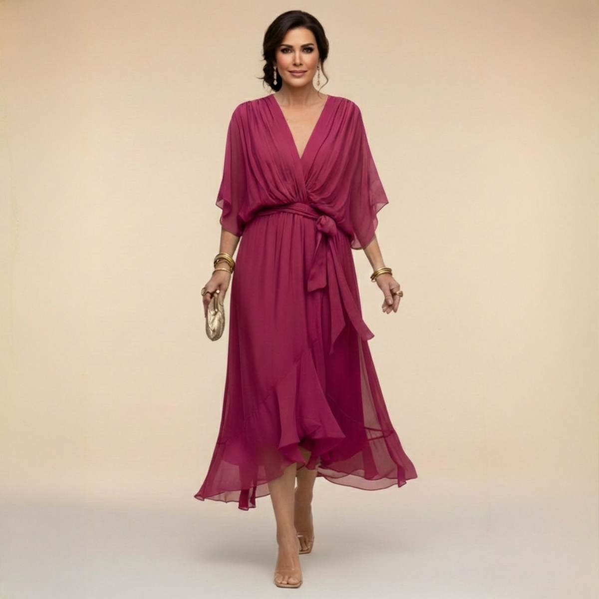 Wrap Midi Dress with V-Neck for Women