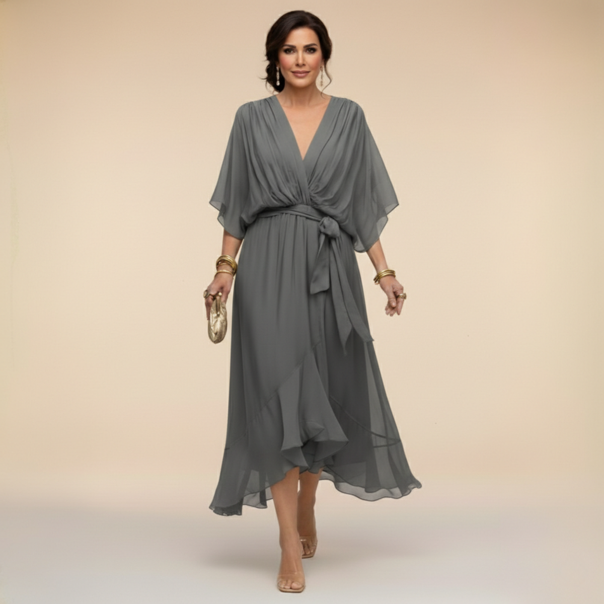 Wrap Midi Dress with V-Neck for Women