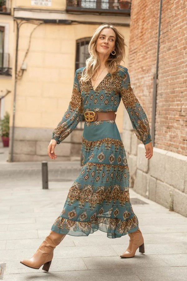 Livia | V-Neck Puff Sleeve Tiered Midi Dress for Women