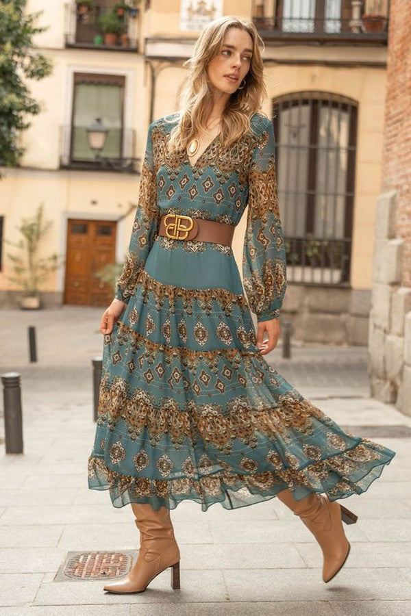 Livia | V-Neck Puff Sleeve Tiered Midi Dress for Women