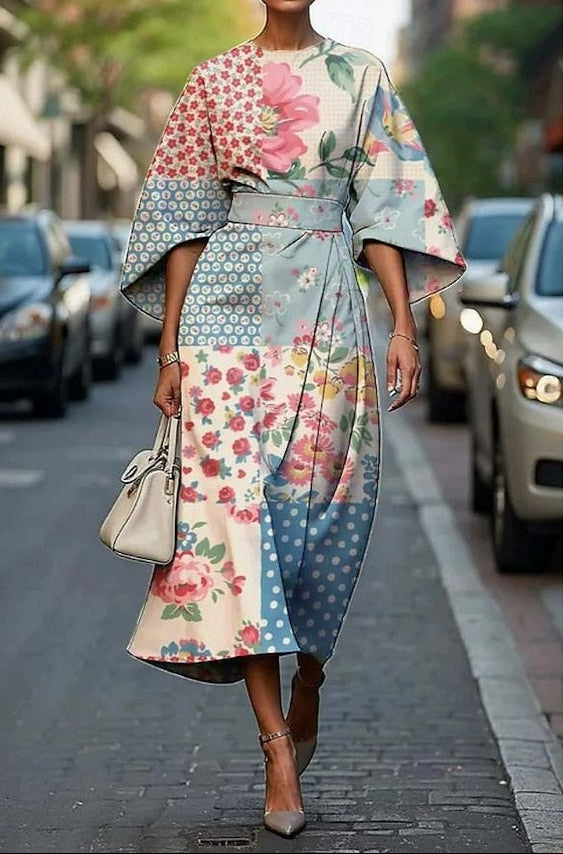 Piper | Floral Midi Dress with Kimono Sleeves and Belt for Women