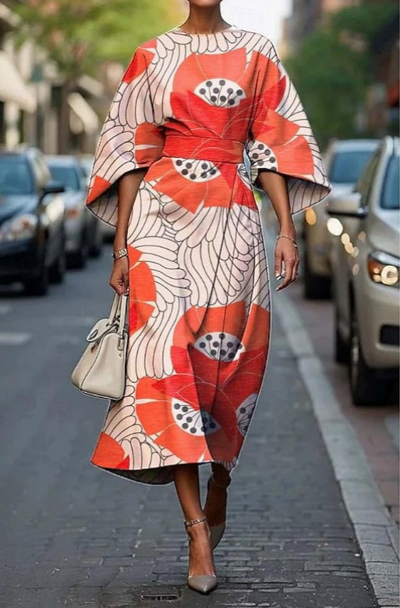 Piper | Floral Midi Dress with Kimono Sleeves and Belt for Women