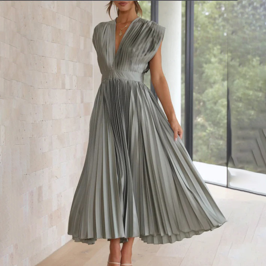 Maren | Wedding Guest Pleated Midi Dress with V-Neck for Women