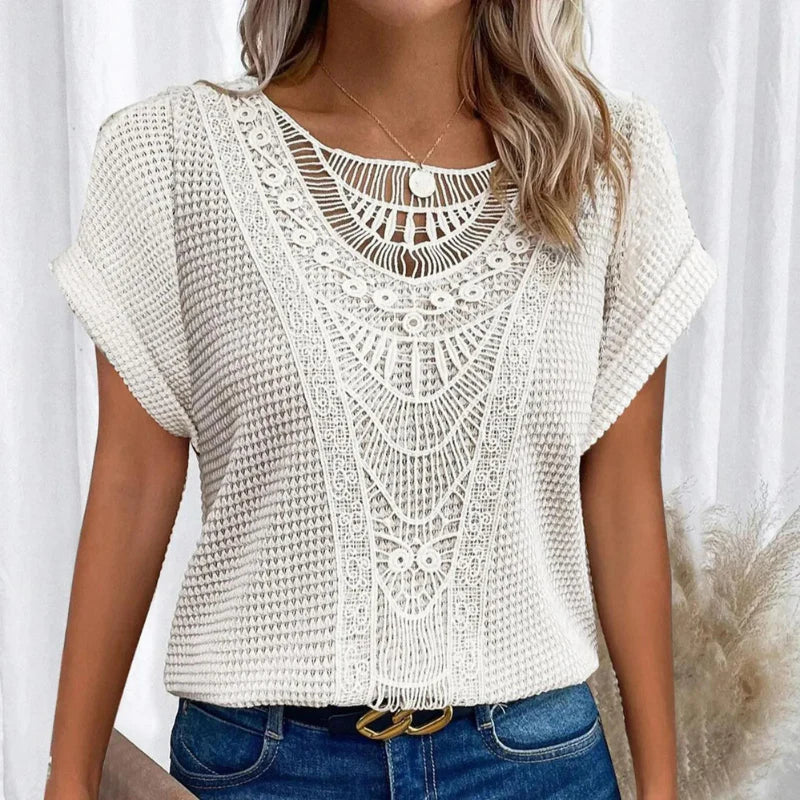 Leontine | Crochet Blouse with Crew Neck and Short Sleeves for Women