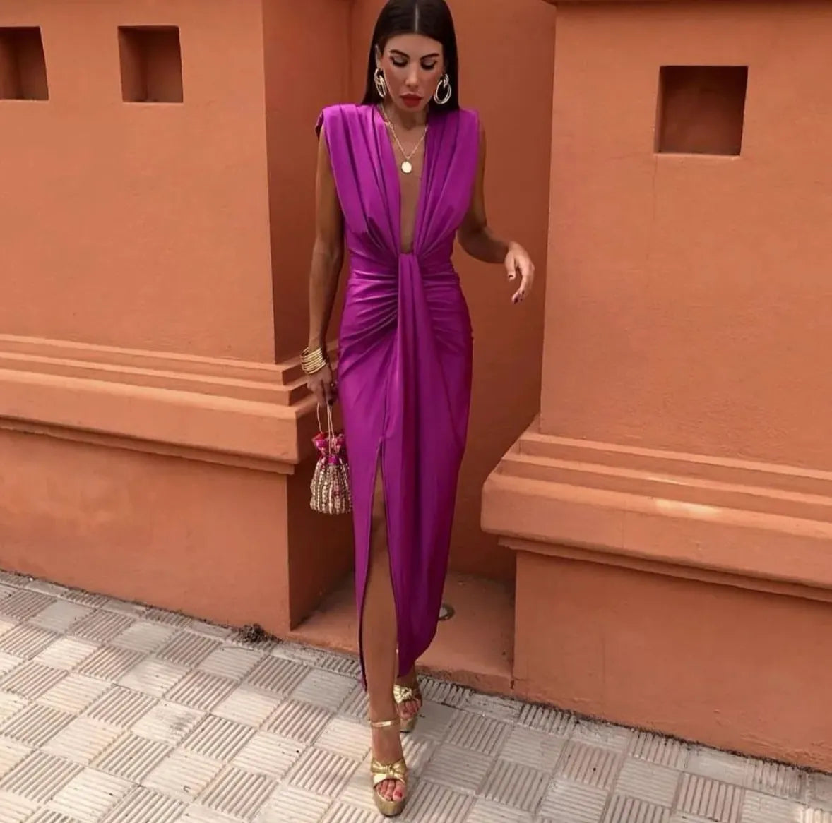 Amelia | Wedding Guest Pleated Midi Dress with V-Neck for Women