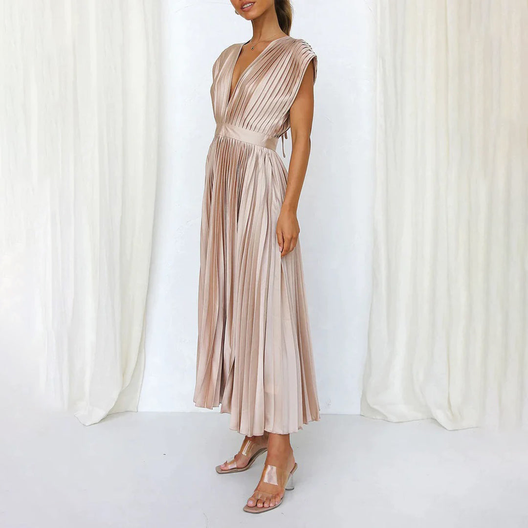 Maren | Wedding Guest Pleated Midi Dress with V-Neck for Women