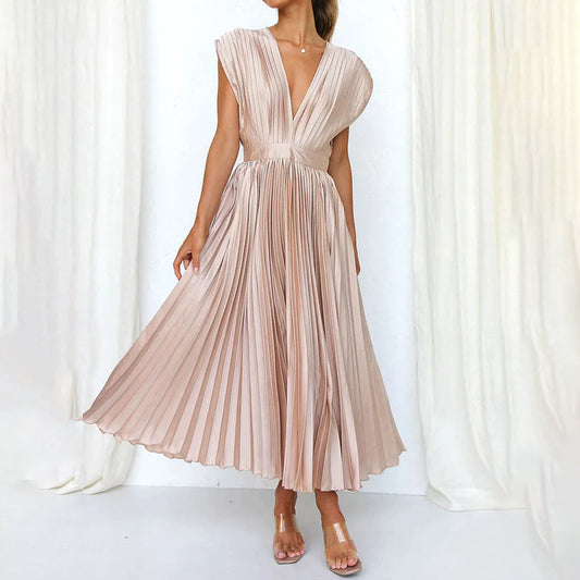 Maren | Wedding Guest Pleated Midi Dress with V-Neck for Women