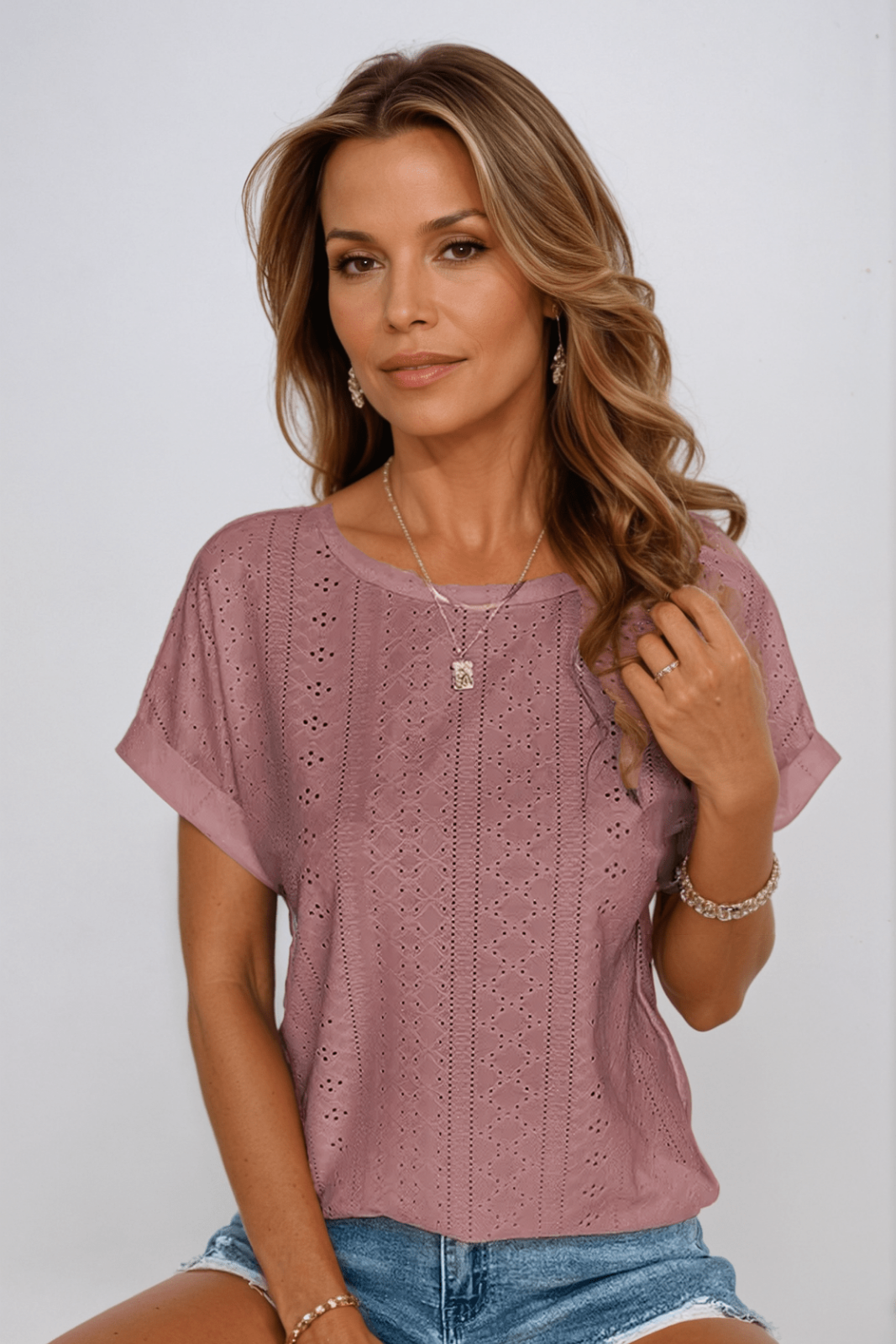 Juniper | Cotton Eyelet Short Sleeve Round Neck Top for Women