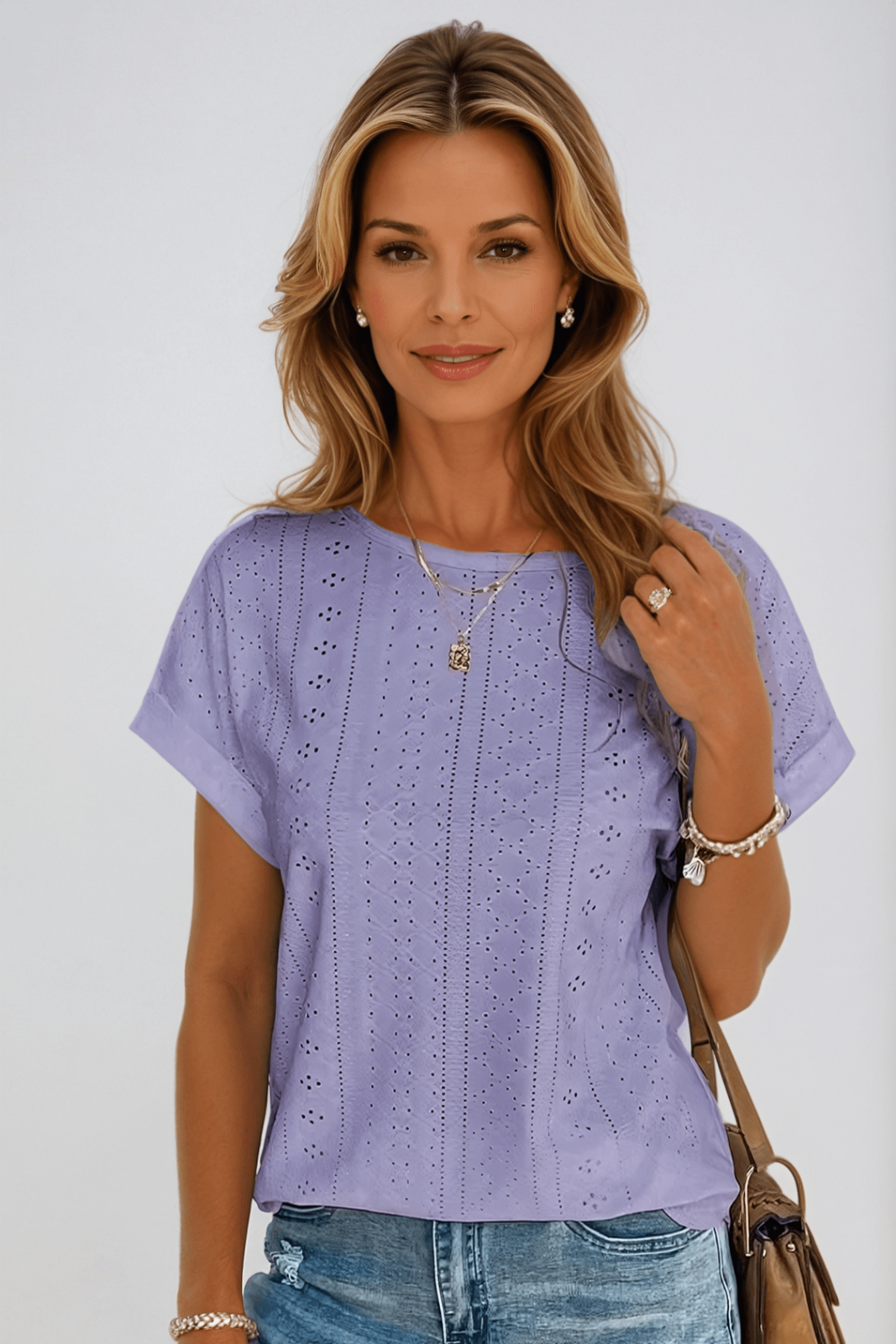 Juniper | Cotton Eyelet Short Sleeve Round Neck Top for Women