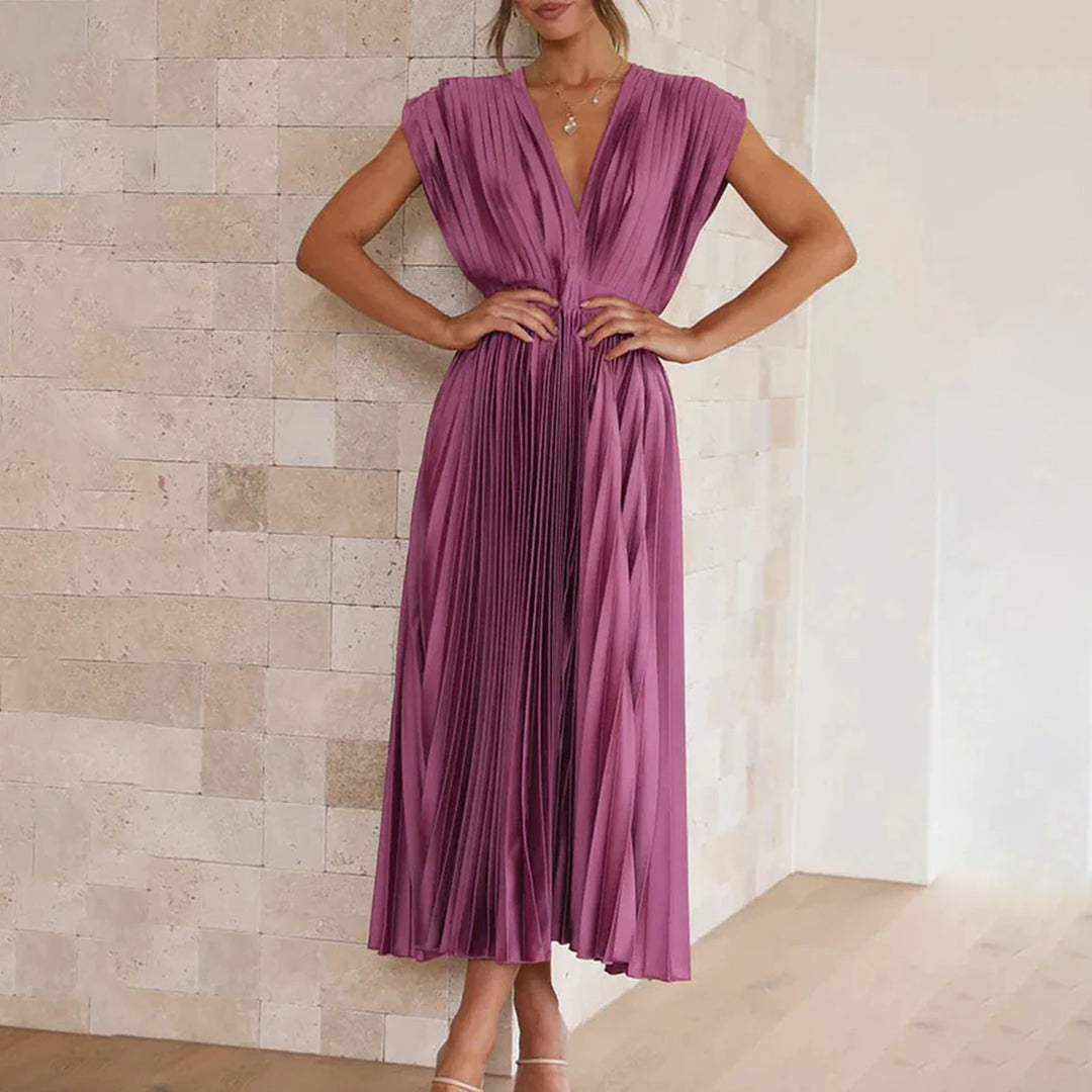 Maren | Wedding Guest Pleated Midi Dress with V-Neck for Women