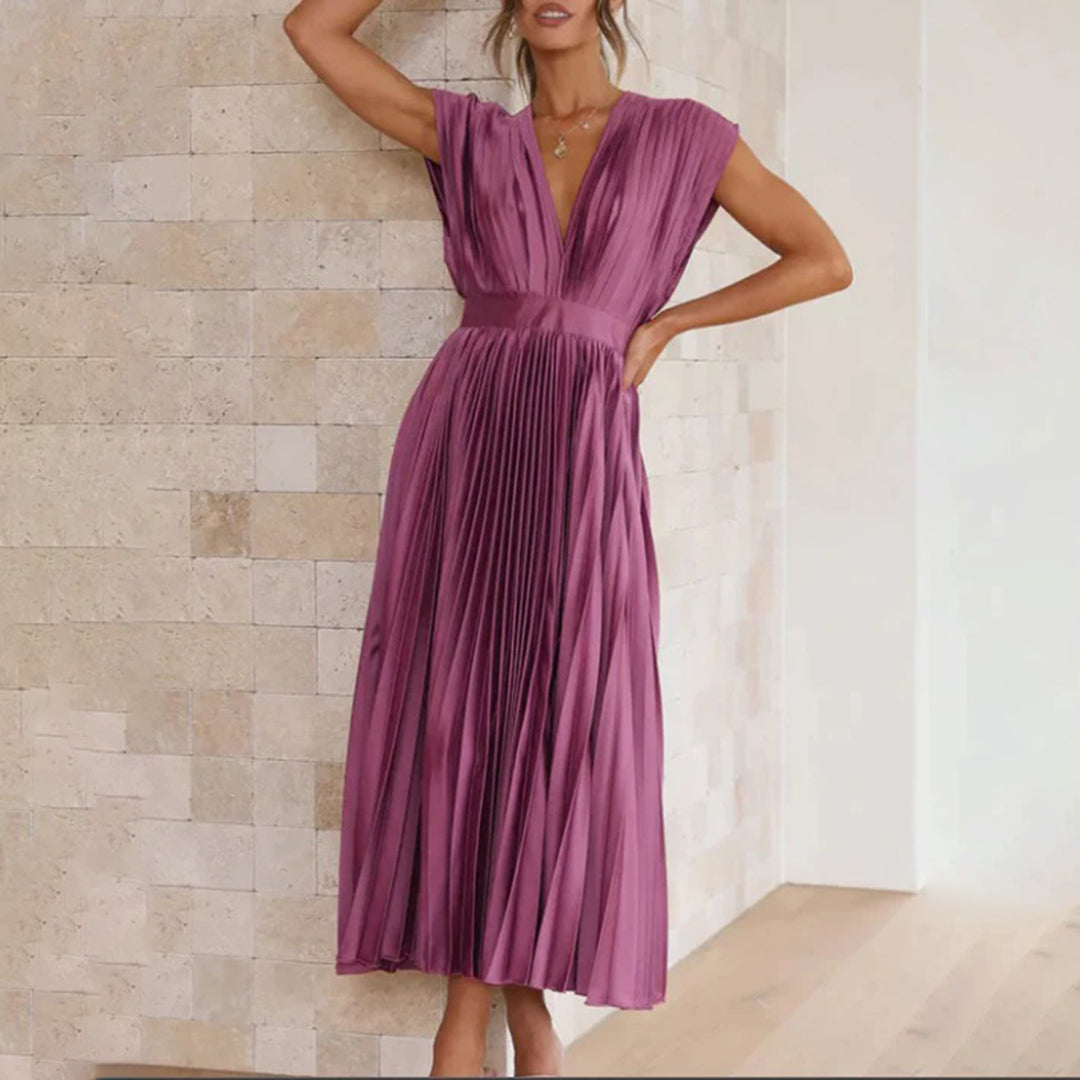 Maren | Wedding Guest Pleated Midi Dress with V-Neck for Women