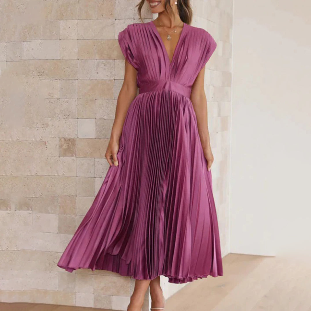 Maren | Wedding Guest Pleated Midi Dress with V-Neck for Women