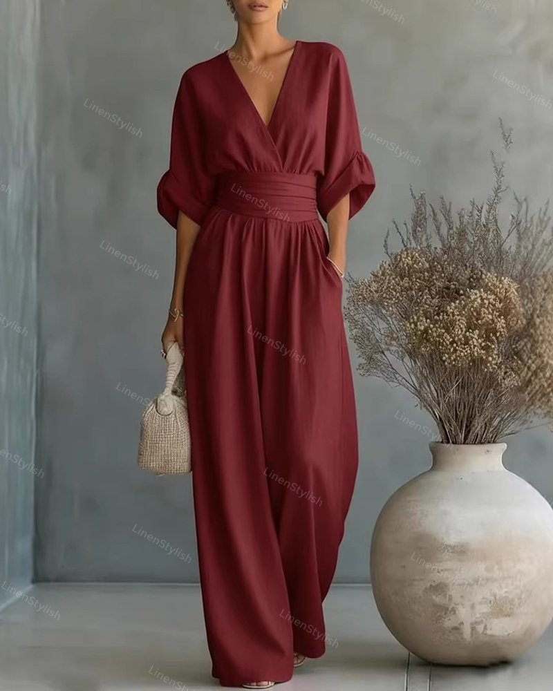 Wrap Maxi Jumpsuit with V-Neck for Women