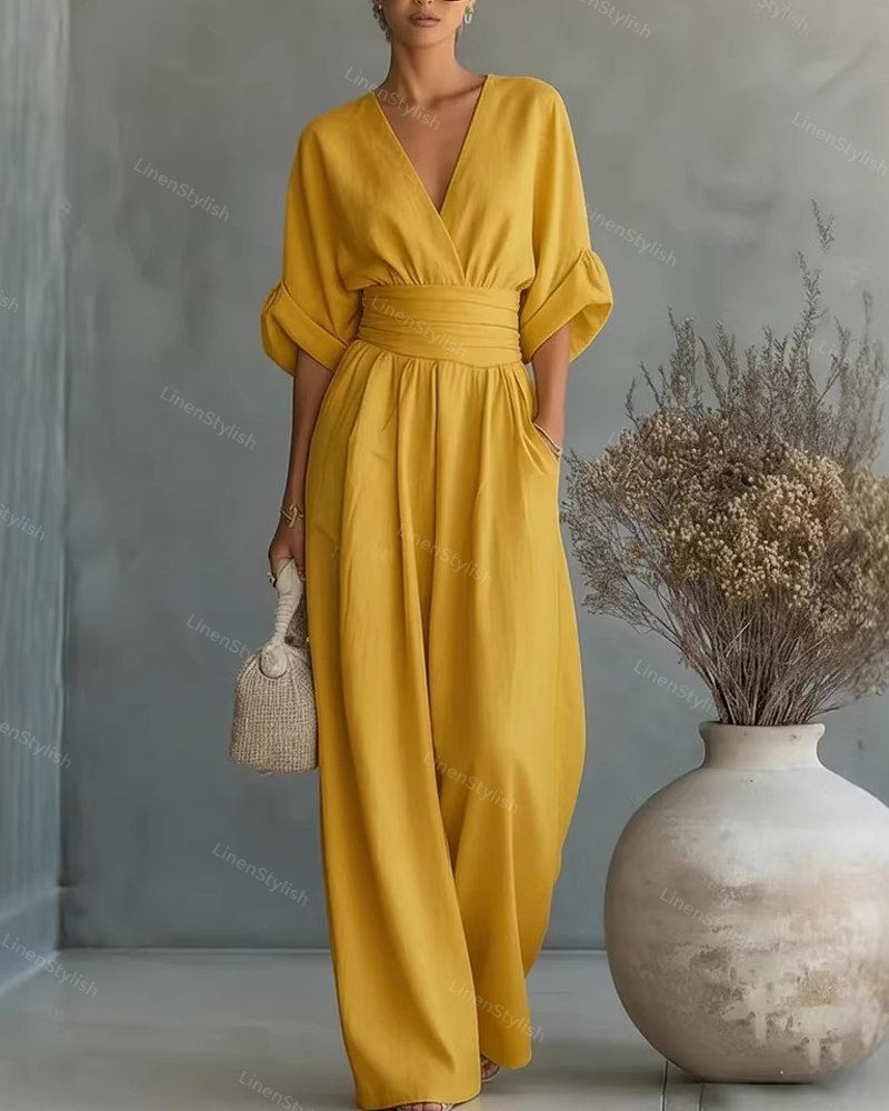 Wrap Maxi Jumpsuit with V-Neck for Women