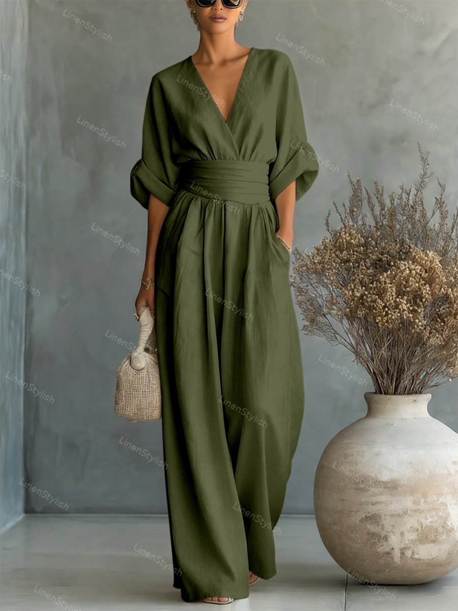Wrap Maxi Jumpsuit with V-Neck for Women