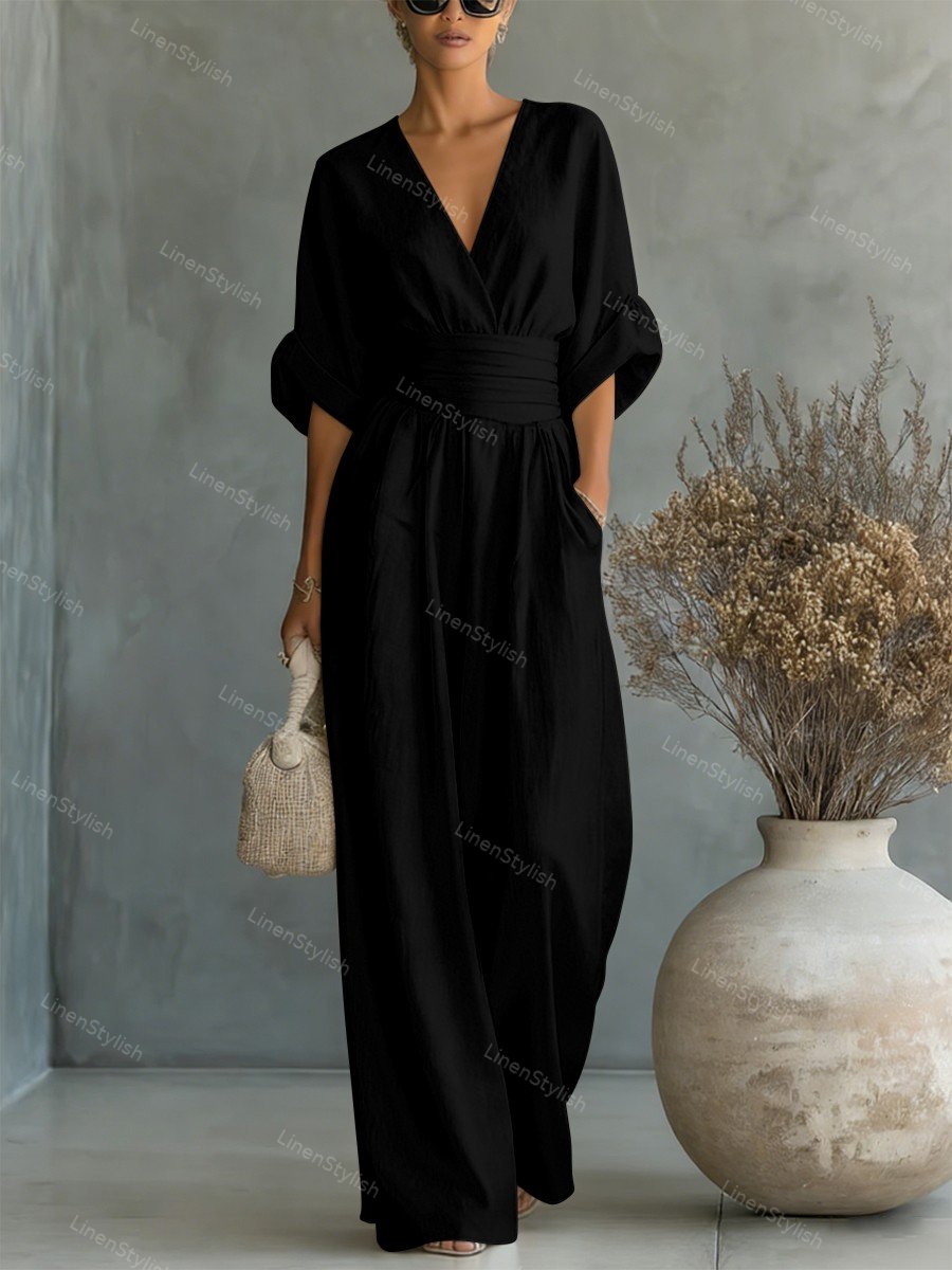 Wrap Maxi Jumpsuit with V-Neck for Women