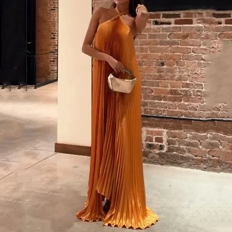 Carmen | Wedding Guest Halterneck Pleated Maxi Dress for Women