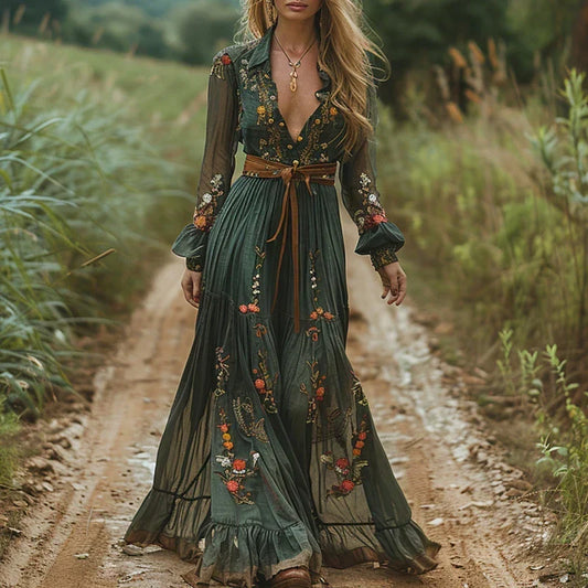Tania | Embroidered Maxi Dress with V-Neck for Women