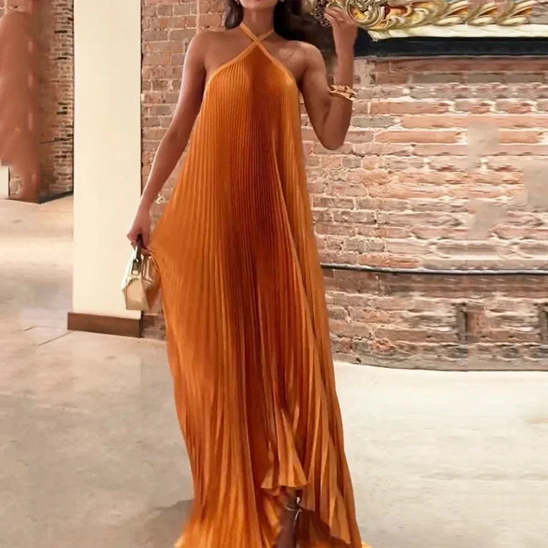Carmen | Wedding Guest Halterneck Pleated Maxi Dress for Women