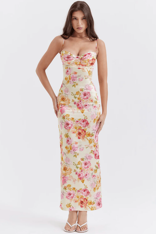 Melusina | Floral Wedding Guest Maxi Dress with Sweetheart and Spaghetti Straps for Women