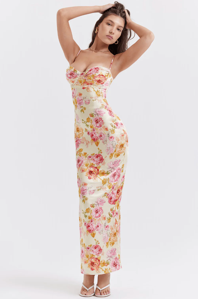 Melusina | Floral Wedding Guest Maxi Dress with Sweetheart and Spaghetti Straps for Women