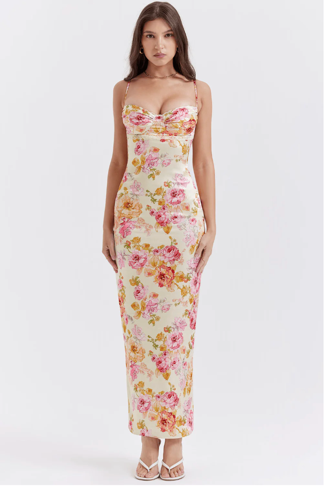 Melusina | Floral Wedding Guest Maxi Dress with Sweetheart and Spaghetti Straps for Women