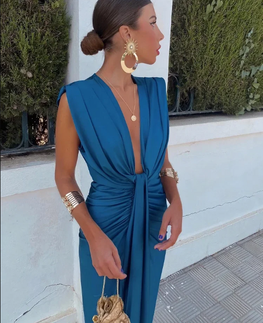 Amelia | Wedding Guest Pleated Midi Dress with V-Neck for Women
