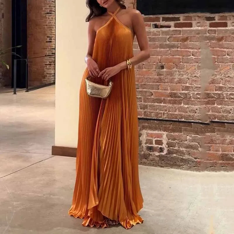Carmen | Wedding Guest Halterneck Pleated Maxi Dress for Women