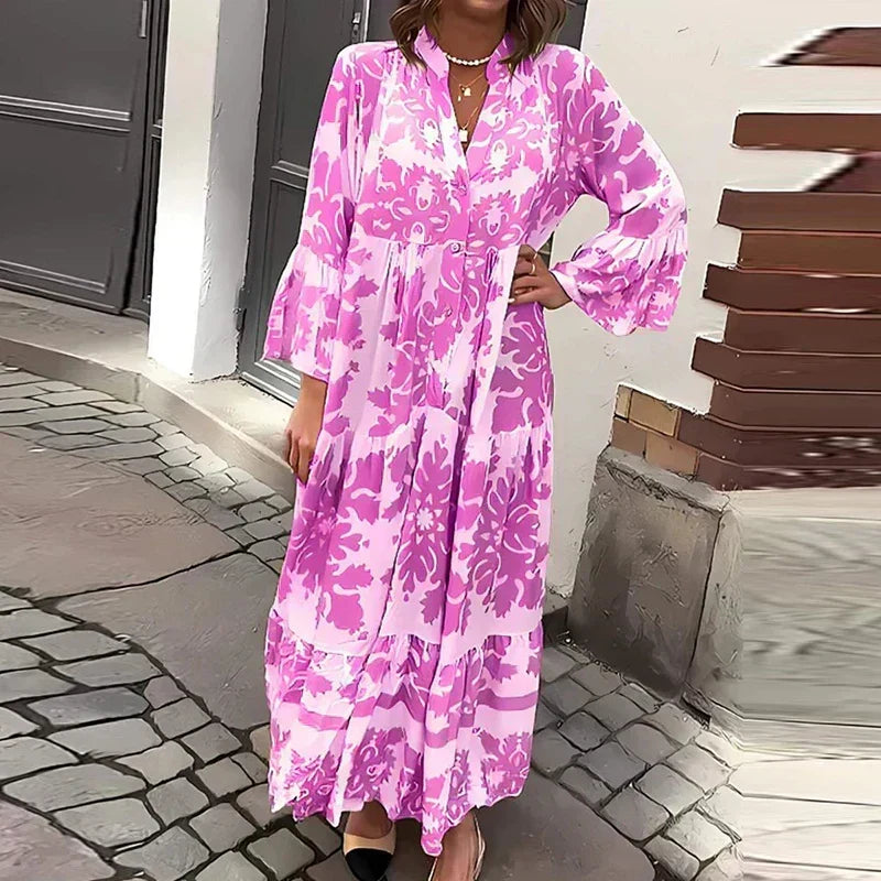 Ava | Boho Printed Long Sleeve Midi Dress