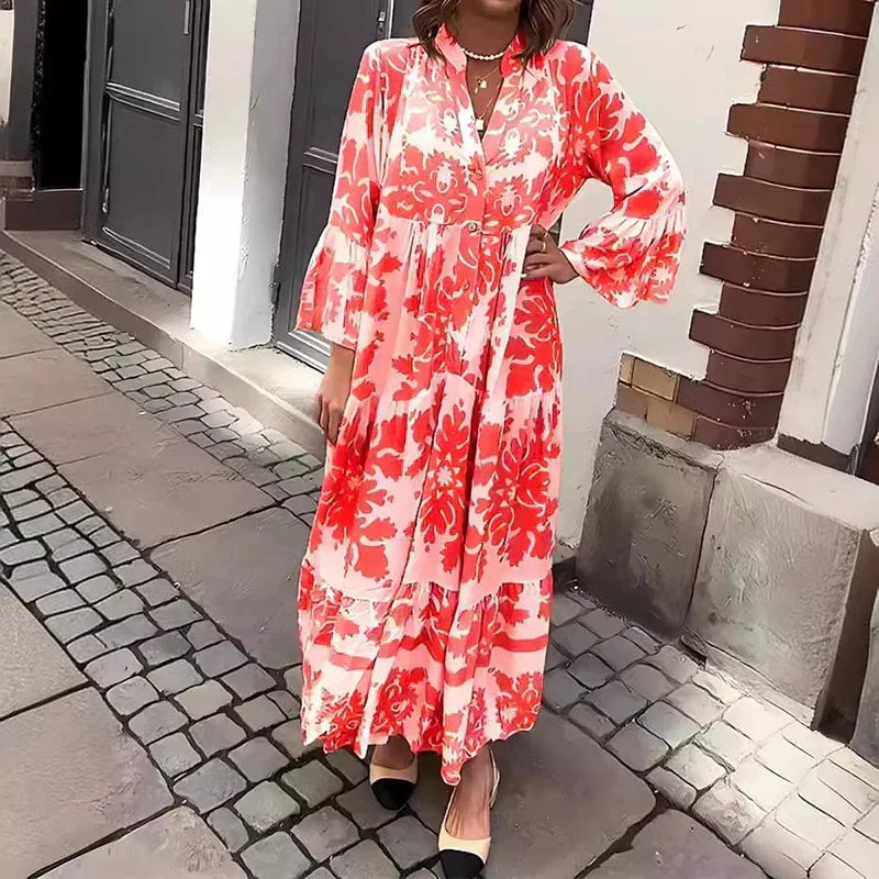 Ava | Boho Printed Long Sleeve Midi Dress