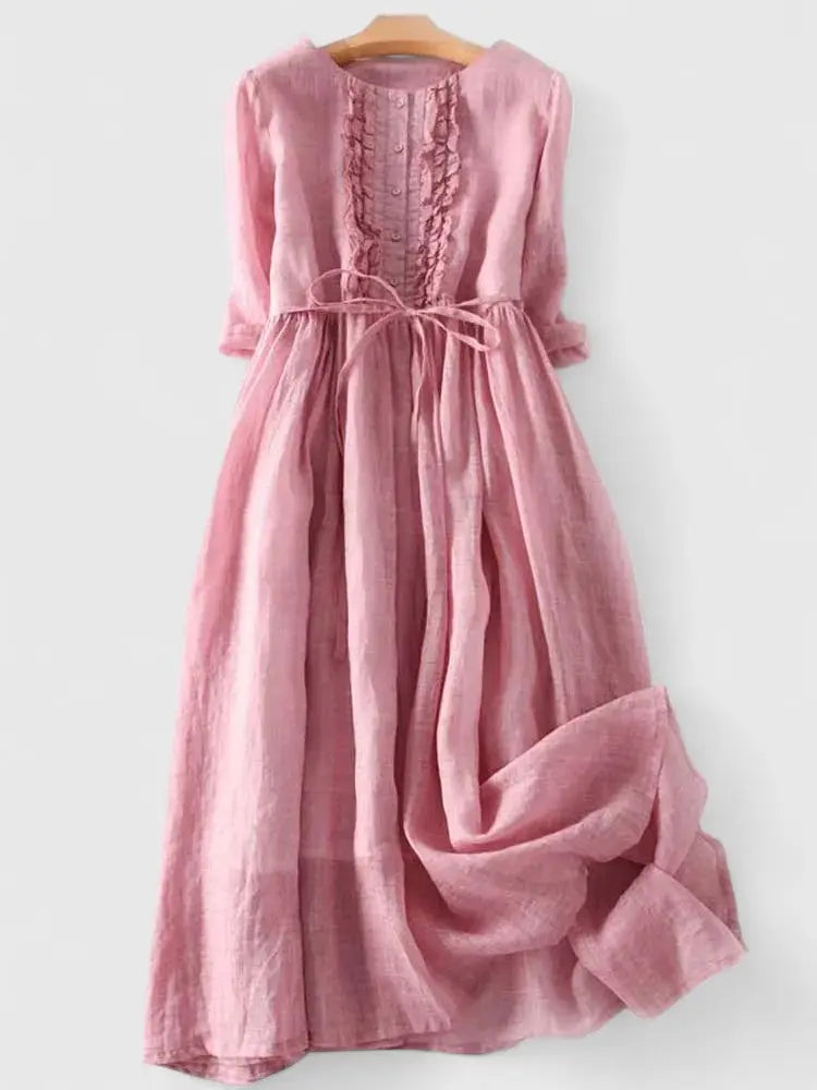 Georgia | Linen A-Line Midi Dress with Ruched Back for Women