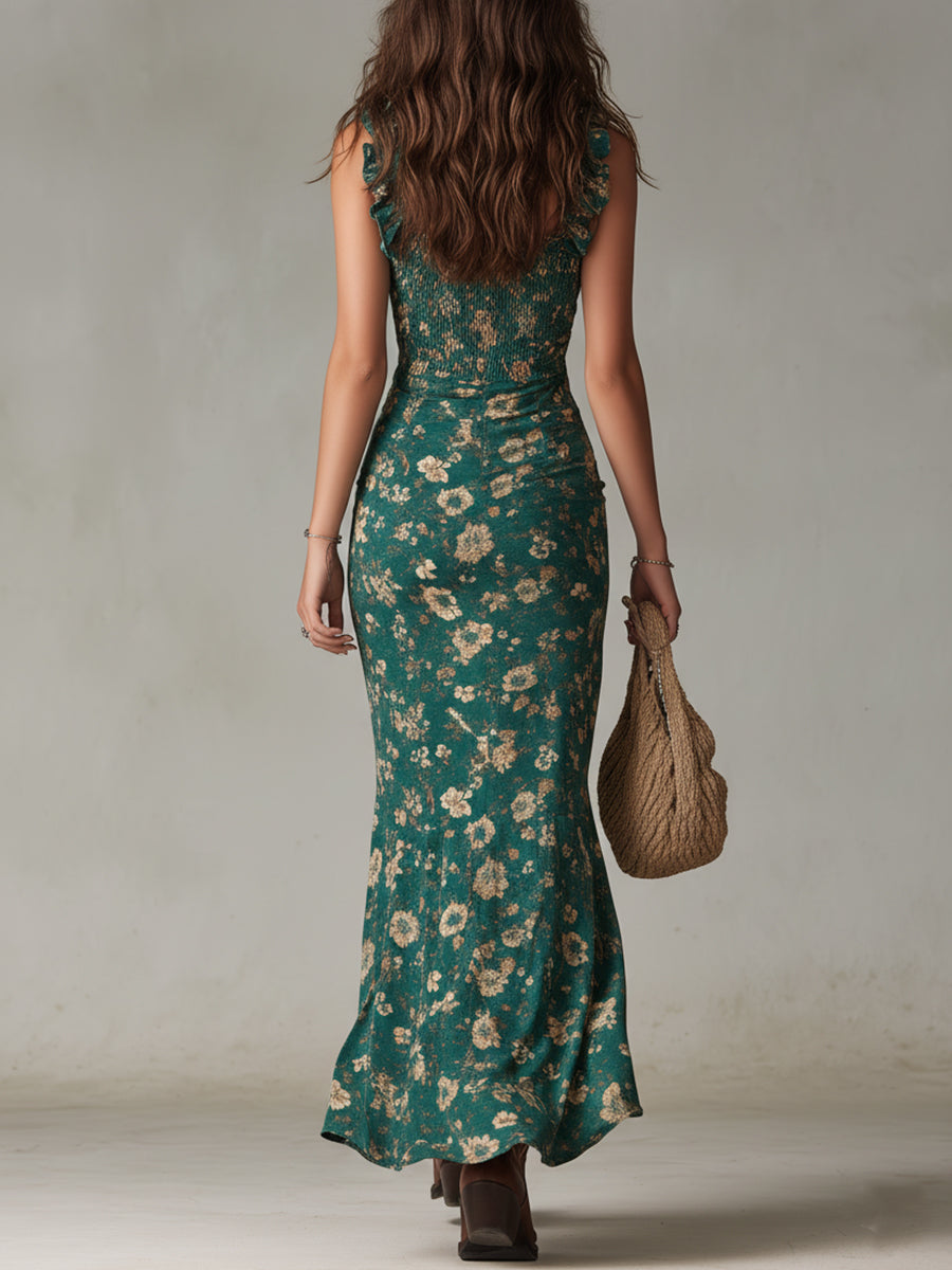 Floral A-Line Maxi Dress with Ruffled Sleeves and High Slit for Women