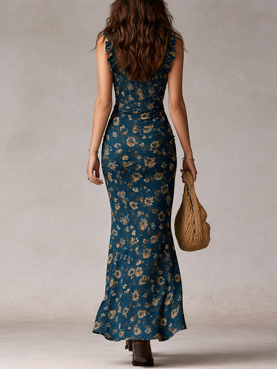 Floral A-Line Maxi Dress with Ruffled Sleeves and High Slit for Women