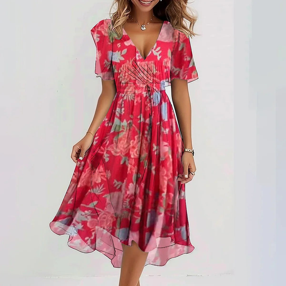 Agnes | Floral Wrap V-Neck Midi Dress for Women
