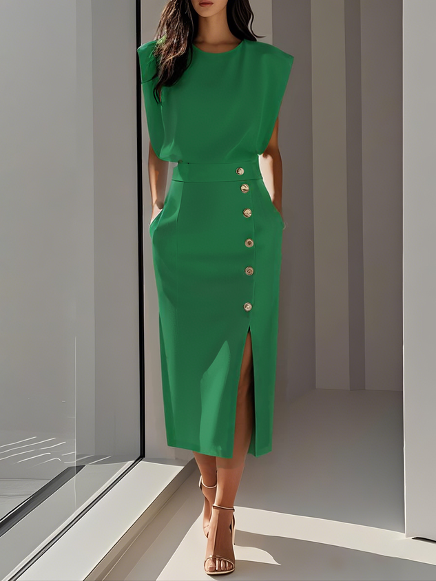 Anthea | Sleeveless Midi Dress with Button-Front for Women