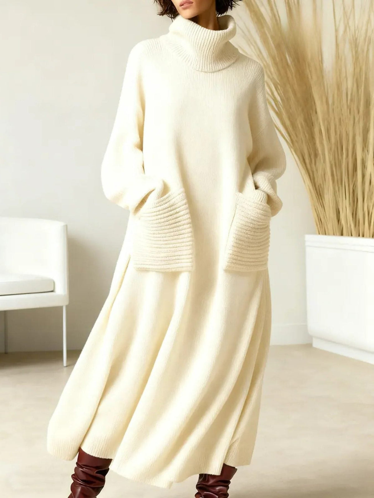 Adrianne | Ribbed Knit Oversized Maxi Dress with Roll Neck for Women