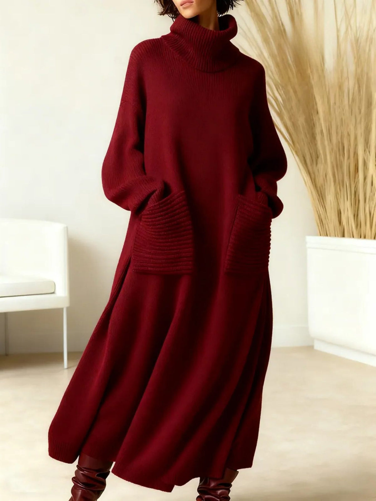 Adrianne | Ribbed Knit Oversized Maxi Dress with Roll Neck for Women