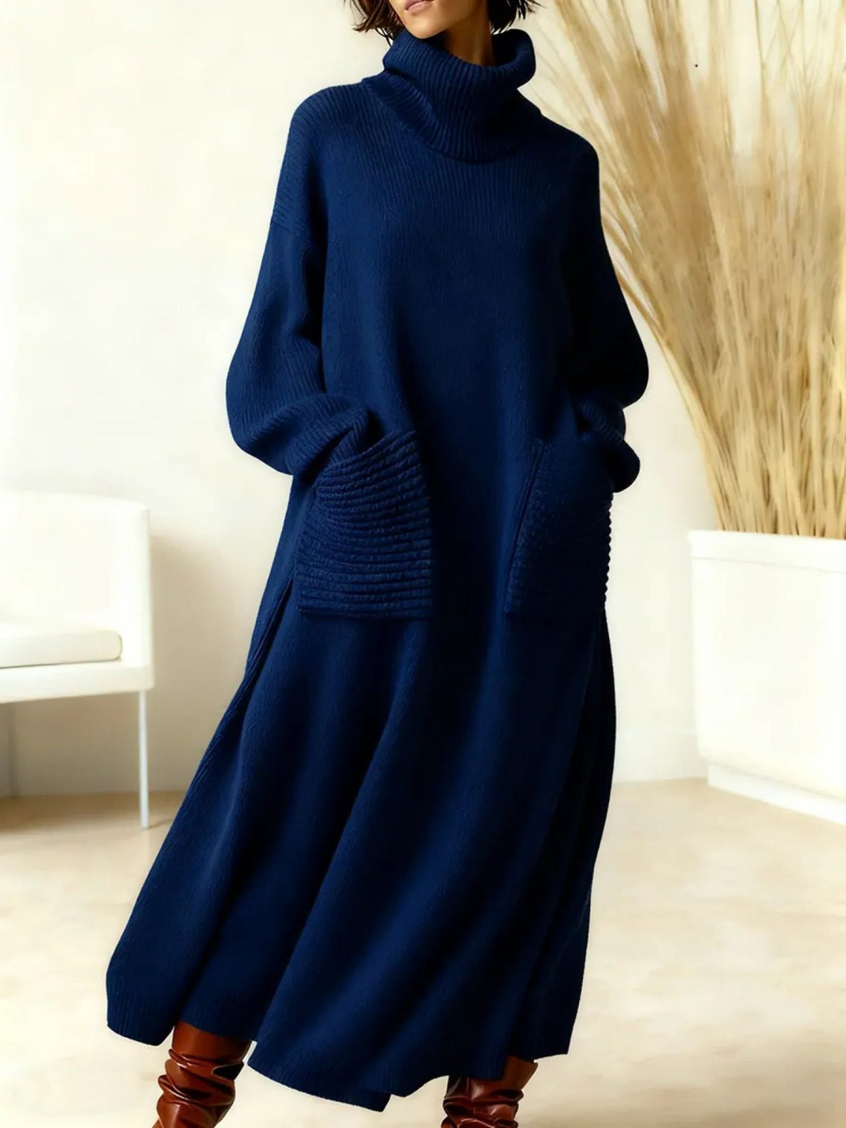 Adrianne | Ribbed Knit Oversized Maxi Dress with Roll Neck for Women