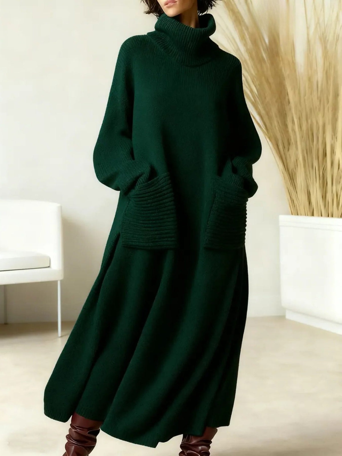 Adrianne | Ribbed Knit Oversized Maxi Dress with Roll Neck for Women