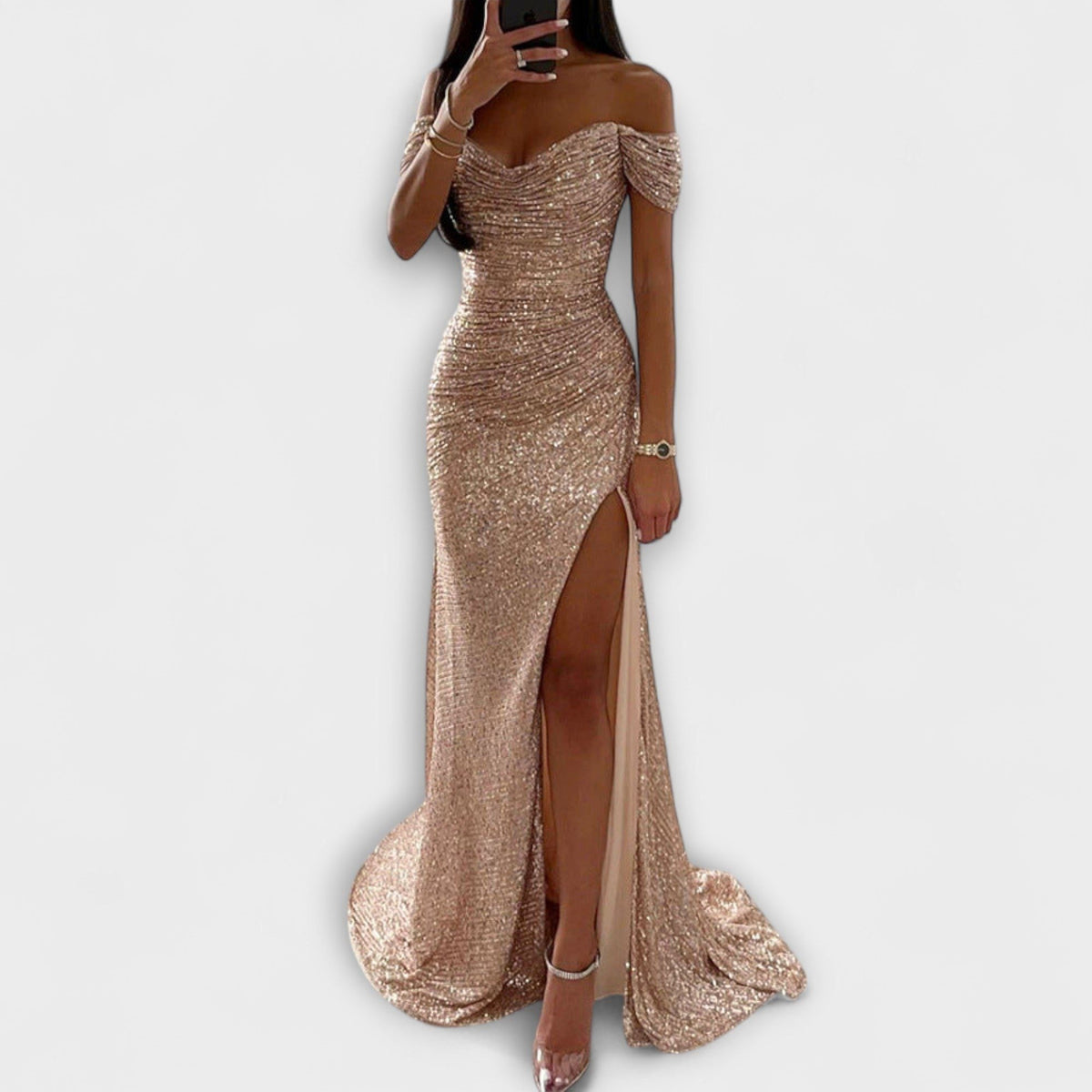Airlia | Glitter Off-Shoulder Maxi Dress for Women