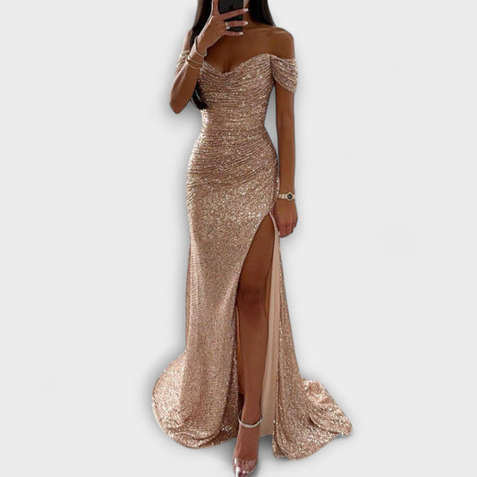 Airlia | Glitter Off-Shoulder Maxi Dress for Women
