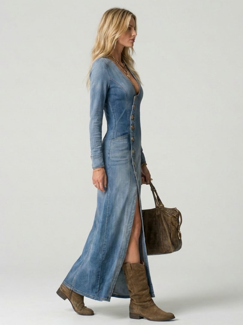 Alira | Denim Maxi Dress with Button-Front for Women