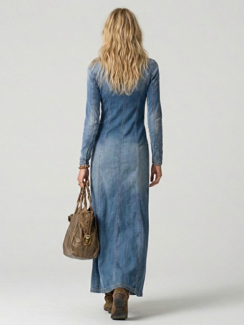 Alira | Denim Maxi Dress with Button-Front for Women